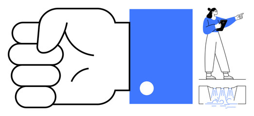 Hand forming a fist, person with clipboard pointing, and flowchart representing teamwork, direction, and idea structuring. Ideal for leadership, management, strategy, collaboration planning