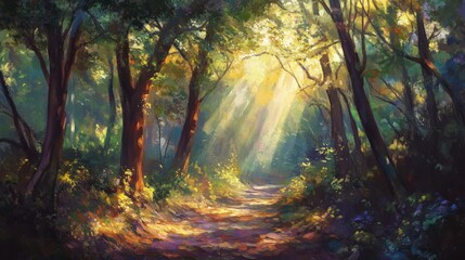 Fototapeta premium Sunlit forest path creates a calming scene of natural beauty