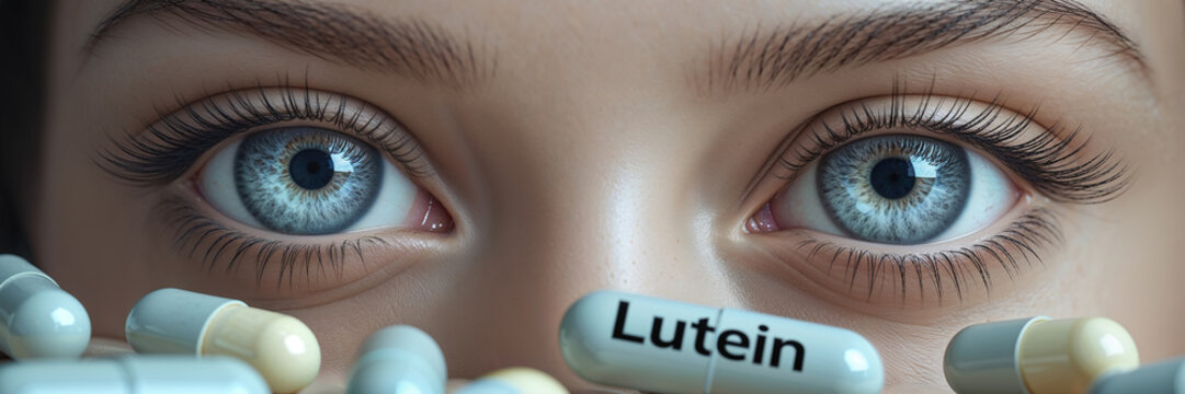 close up of female eye, lutein capsule