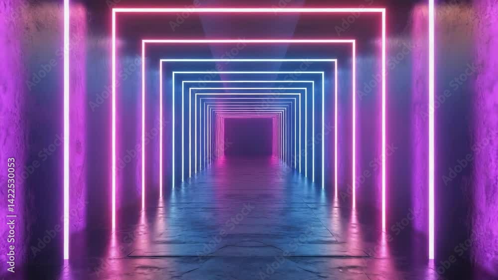 Poster long, narrow tunnel hallway illuminated with colorful lights and neon signs. the perspective creates