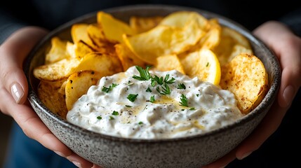 Close-up of crispy potato chips served with creamy tartar sauce topped with fresh herbs. Tasty appetizer and snack idea. National Tartar Sauce Day celebration