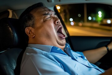 Drowsy Driver Yawning and Rubbing Eyes While Driving at Night