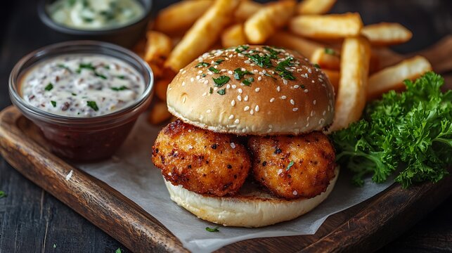 Fish burger with tartar sauce in sesame seed bun, served with crispy fries. Savory fast food meal. National Tartar Sauce Day celebration and seafood appreciation