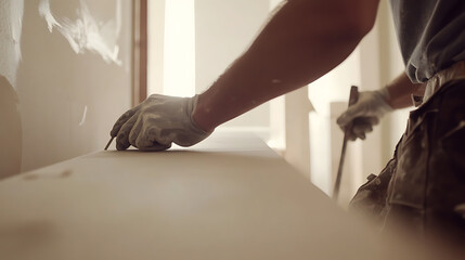 Construction Worker Measuring a Sheet of Material