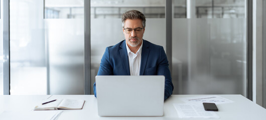 Focused senior businessman entrepreneur sitting at desk working on finances, looking thinking at...