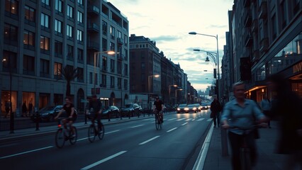 Fototapeta premium Evening Cityscape with Cyclists - Urban Scene for Lifestyle Blogs and City Guides, Exploring Daily