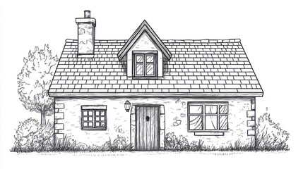 Sketch of a charming stone cottage with garden