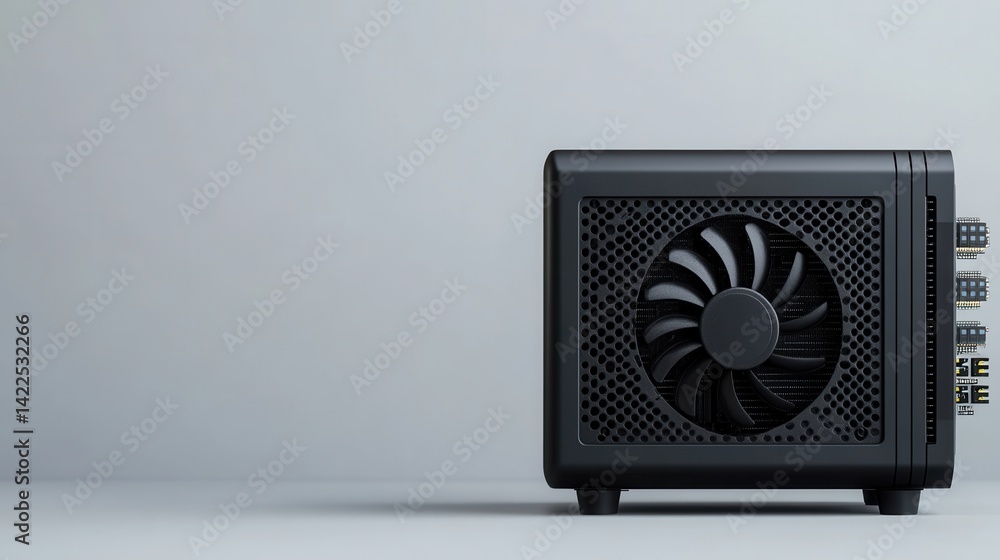 Poster compact black computer tower with cooling fan and minimalist design