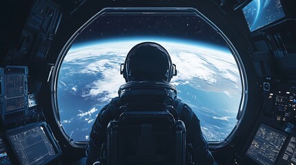 Astronaut gazes at Earth from a futuristic spacecraft cockpit.