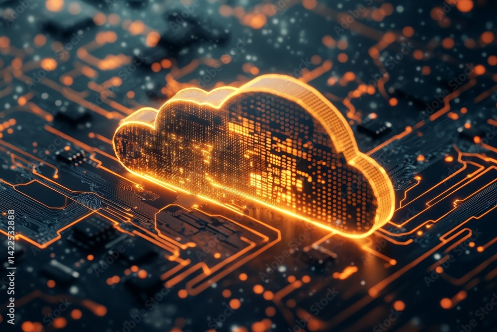 Poster 3d render of cloud technology with hologram and circuit board for ai and data processing services