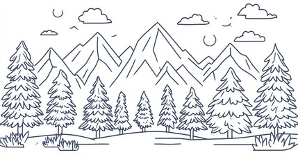 Mountain range line art, trees, sky, peaceful landscape, nature illustration