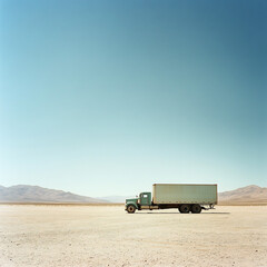 Fototapeta premium Step deck truck parked at the edge of a desert under the midday sun shot with a high aperture and fast shutter speed to capture the harsh light and vast emptiness