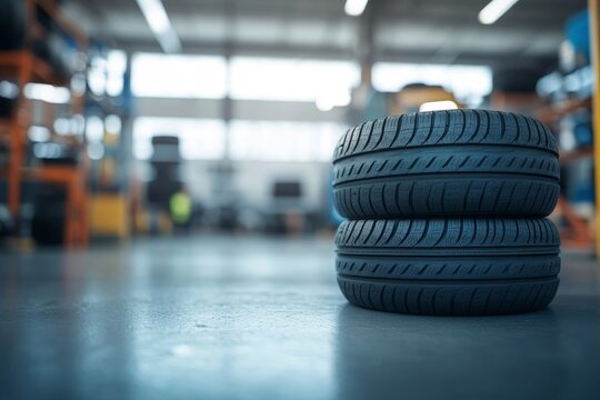 Tires stacked in car shop with blurred auto repair workshop background and copy space for design
