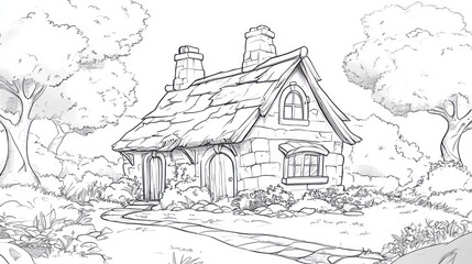 Sketch of a cozy cottage in a wooded area. Possible use Children's book illustration