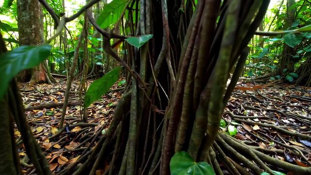 Majestic ficus tree with exposed roots in lush tropical rainforest