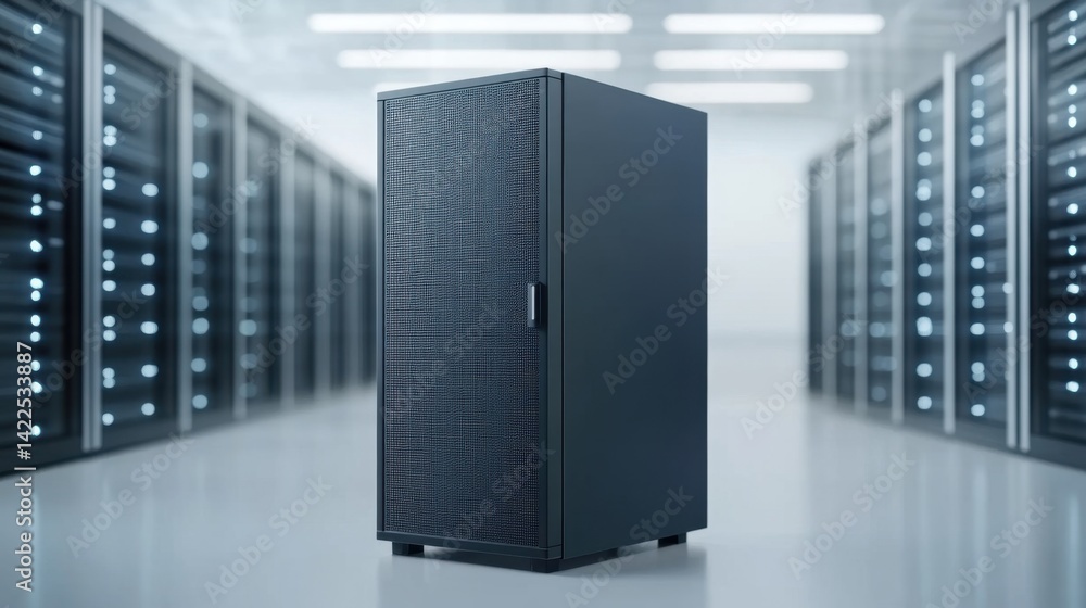 Poster modern data center with server racks and a standalone server cabinet