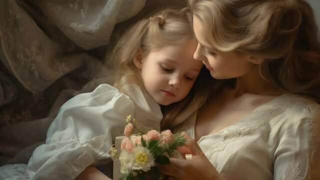 Victorian-style portrait of mother tending to her child at bedtime. Exudes warmth and familial love.