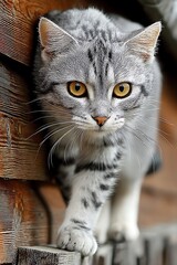 Naklejka premium Gray tabby cat on wooden wall