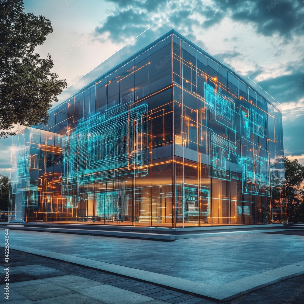 Poster a futuristic building with glowing circuitry system