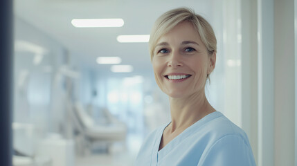 Fototapeta premium Smiling nurse in blue scrubs standing in hospital corridor