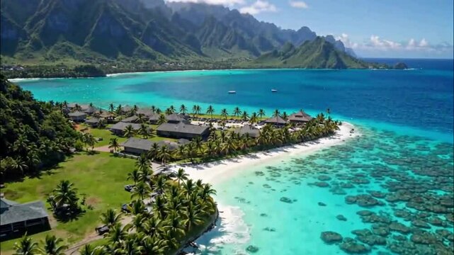Stunning aerial drone video of Bora Bora over crystal-clear turquoise water. Lush green mountains in the background, soft waves below, sun glistening on the water, tropical paradise vibe; vacation