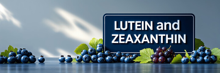 lutein and zeaxanthin sign, fresh grapes and blueberries