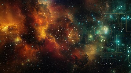 Naklejka premium Cosmic nebulae intertwined with futuristic circuitry.
