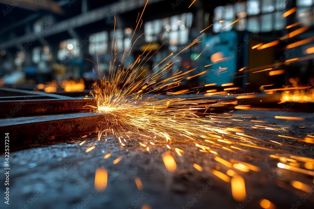 Poster close up of welding sparks in an industrial workshop with professional color grading and sharp focus