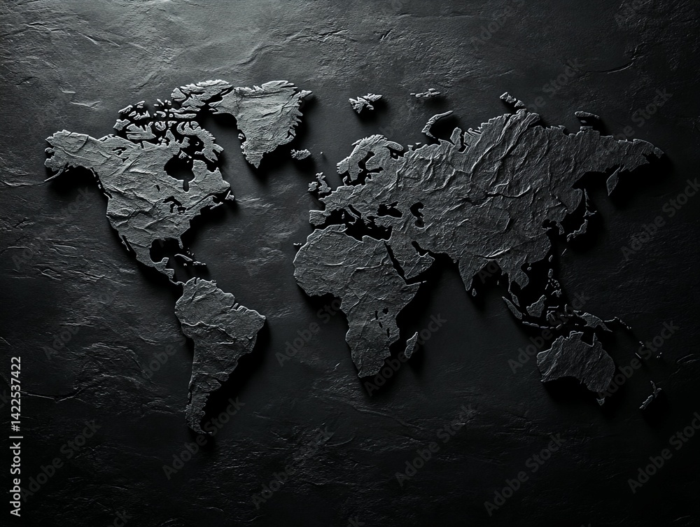 Poster embossed world map on dark textured surface