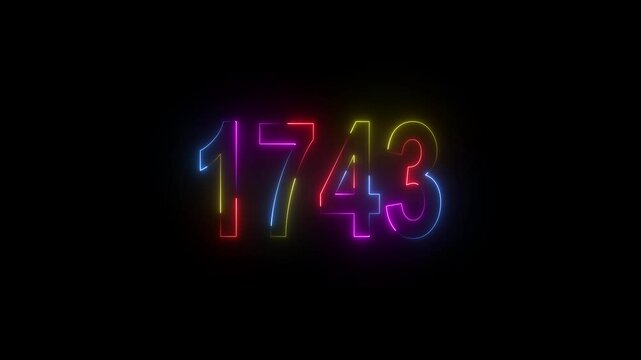 neon sign 1743 ,Four neon color Glowing neon number text background 4k video animation . 1743 title metal text on black alpha channel background