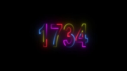 neon sign 1734 ,Four neon color Glowing neon number text background 4k video animation . 1734 title metal text on black alpha channel background