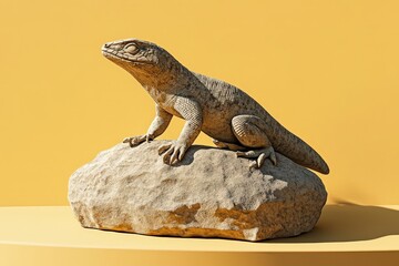 Obraz premium Beige lizard sculpture perched atop a textured rock.