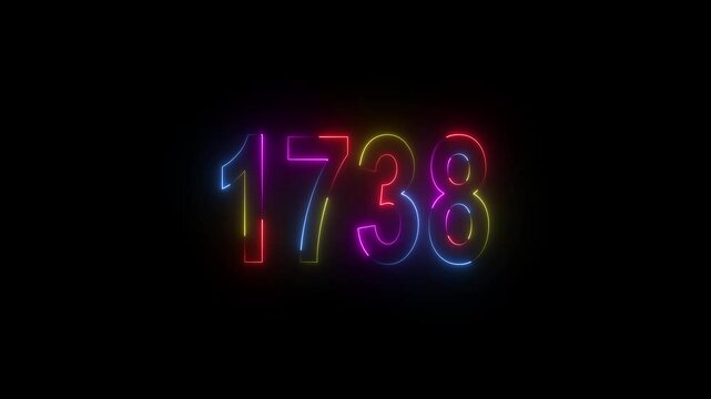 neon sign 1738 ,Four neon color Glowing neon number text background 4k video animation . 1738 title metal text on black alpha channel background