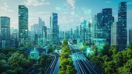 A futuristic city with integrated technology and green spaces