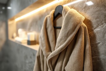 Luxurious beige bathrobe and towel in modern marble bathroom with illuminated shelf design concept