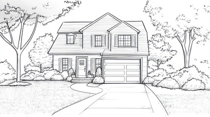Sketch of a two-story house with landscaping