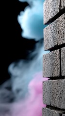 Gray brick wall with vibrant colored smoke