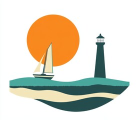 Naklejka premium Abstract flat vector art featuring a sailboat and lighthouse on the horizon during a sunset, with a pastel color palette.
