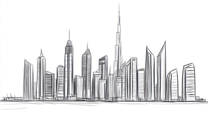 Naklejka premium Sketch of Dubai Skyline, Urban Landscape, Architectural Drawing, Background Use