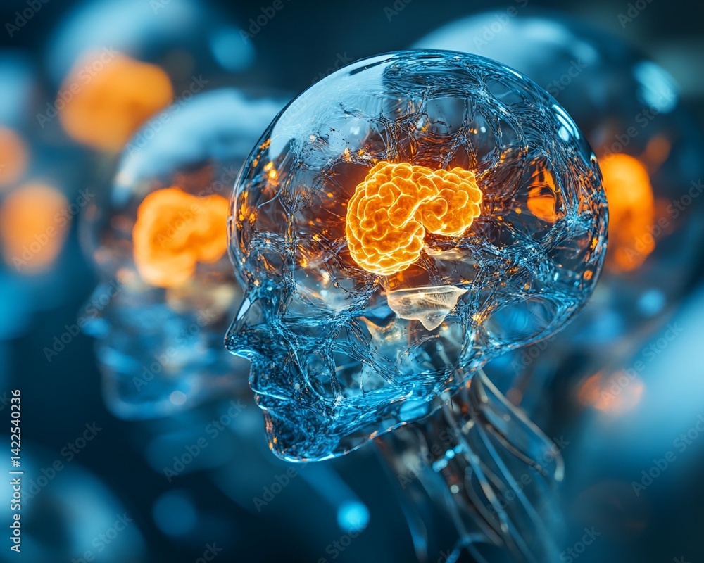 Poster digital rendering of translucent heads with illuminated brains
