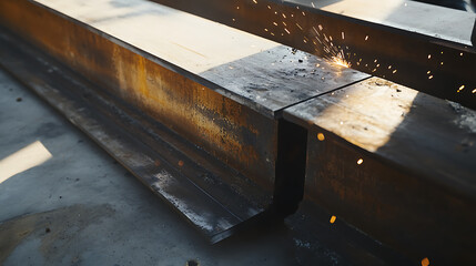 Metal Beams Being Cut with Sparks Flying