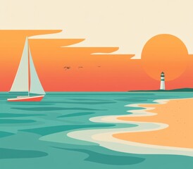 Naklejka premium Abstract flat vector art featuring a sailboat and lighthouse on the horizon during a sunset, with a pastel color palette.