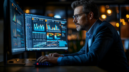 Stock Market Analysis Businessman Studying Financial Data on Computer Screens at Night.