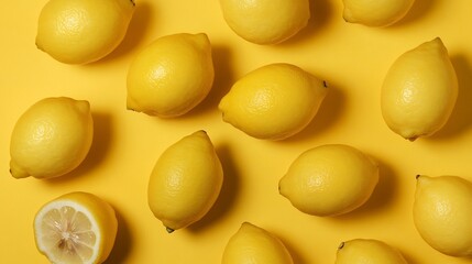 Collection of bright yellow lemons scattered on a yellow background evoking freshness and summer vibes