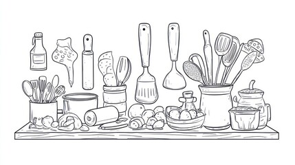 Kitchen Utensils and Ingredients on Shelf