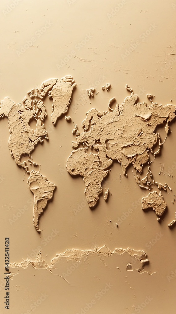 Poster embossed world map on beige textured background