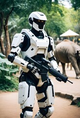Humanoid Robot with Rifle in Park Setting