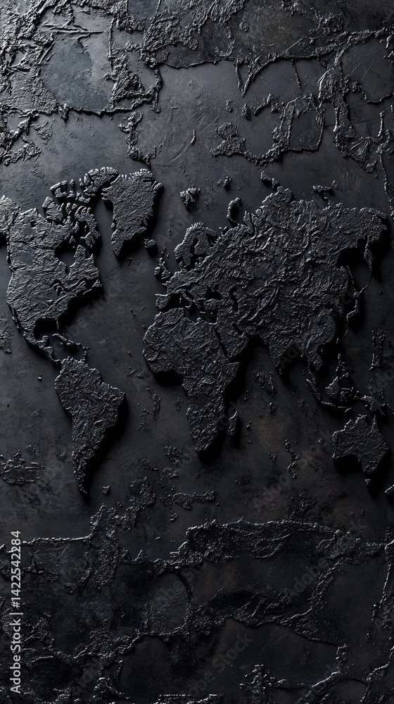 Poster embossed world map on textured dark gray surface