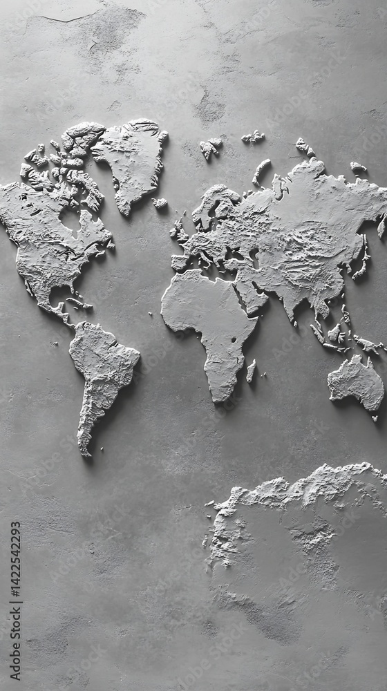 Poster embossed world map on textured gray surface