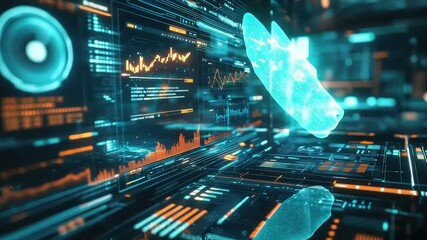 Futuristic digital interface with data visualizations. - Powered by Adobe